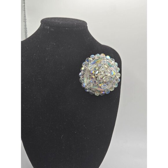 Vintage Triple Strand Graduated AB Necklace Plus brooch Set 1940s Demi Parure - Picture 6 of 8